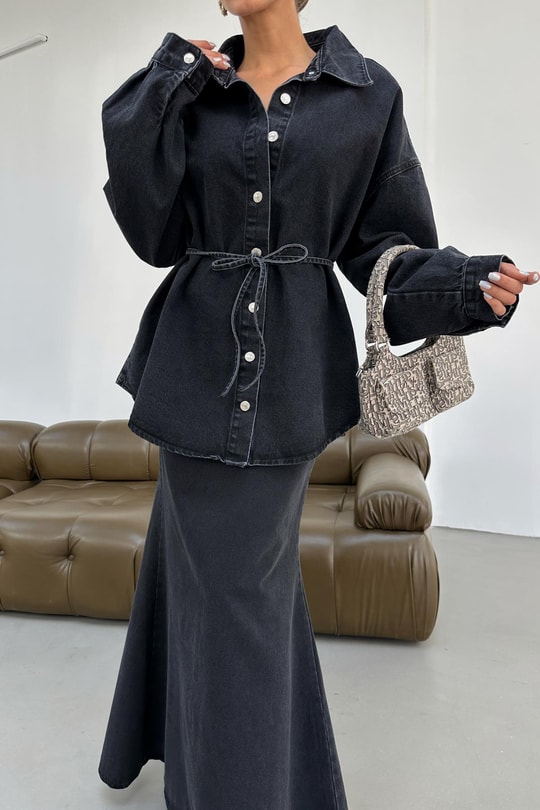 İp Kemerli Oversize Jean Gömlek Füme