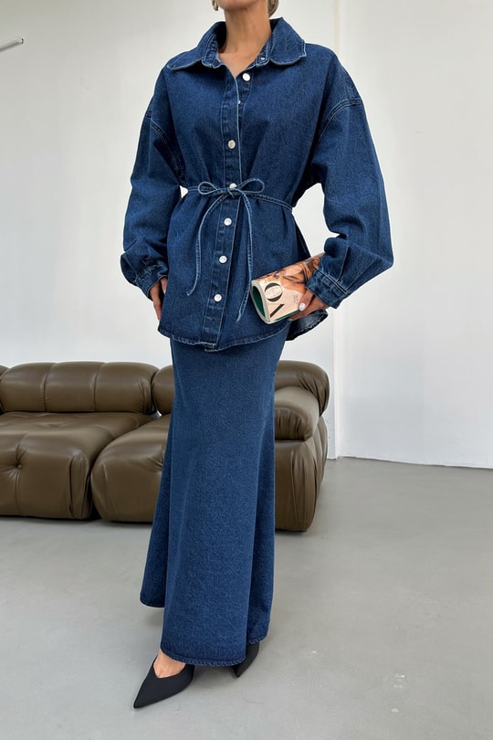 İp Kemerli Oversize Jean Gömlek Mavi
