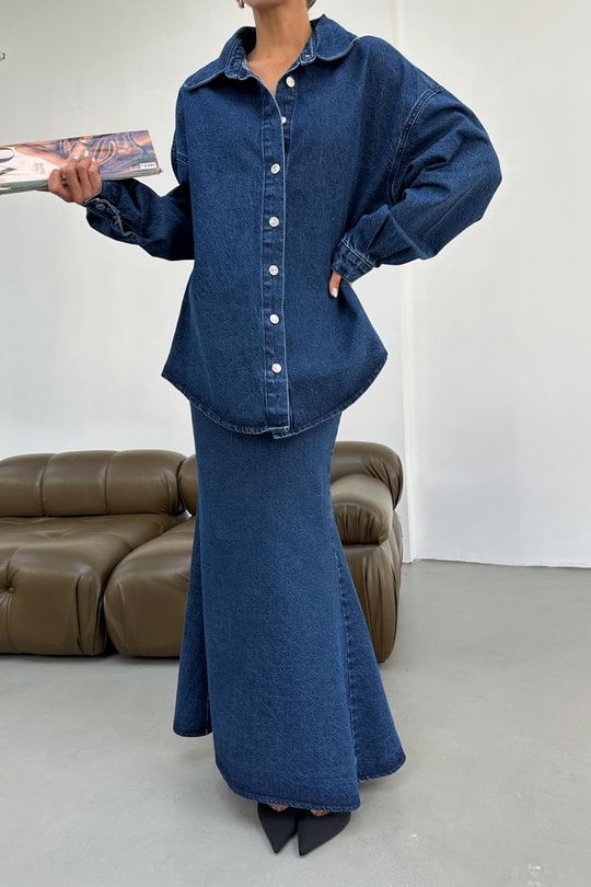 İp Kemerli Oversize Jean Gömlek Mavi