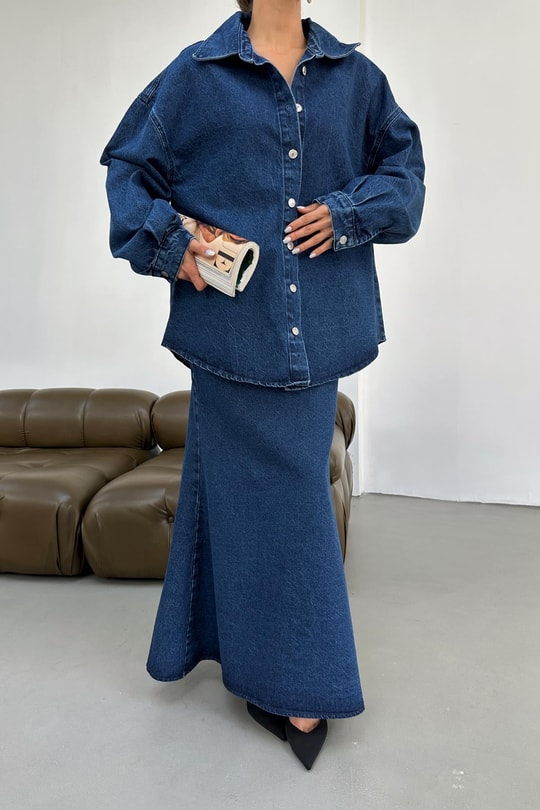 İp Kemerli Oversize Jean Gömlek Mavi