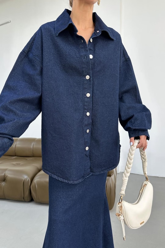 İp Kemerli Oversize Jean Gömlek Lacivert