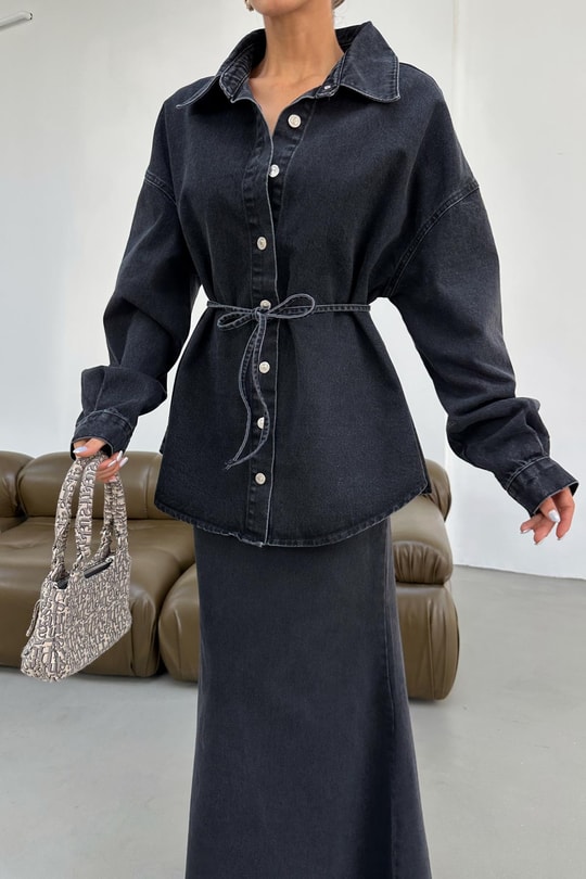 İp Kemerli Oversize Jean Gömlek Füme