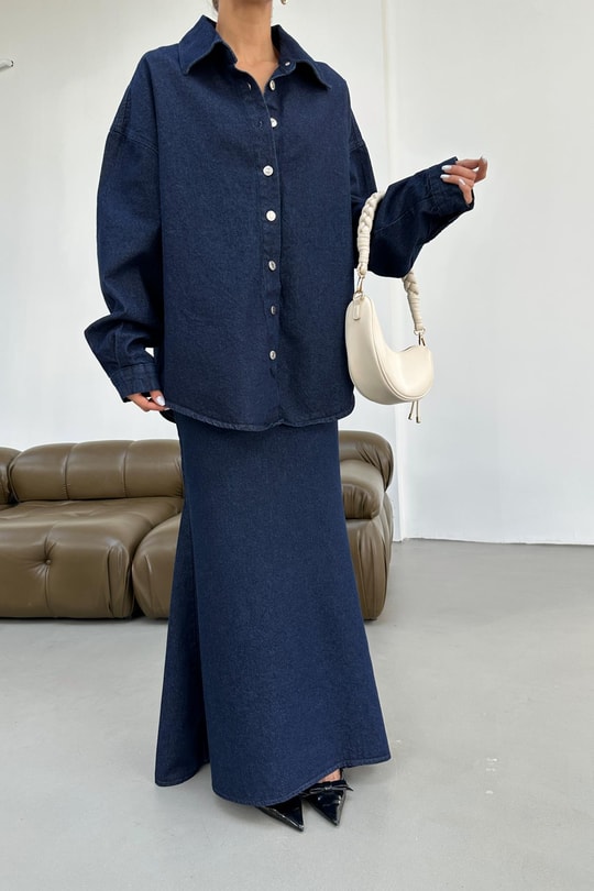 İp Kemerli Oversize Jean Gömlek Lacivert