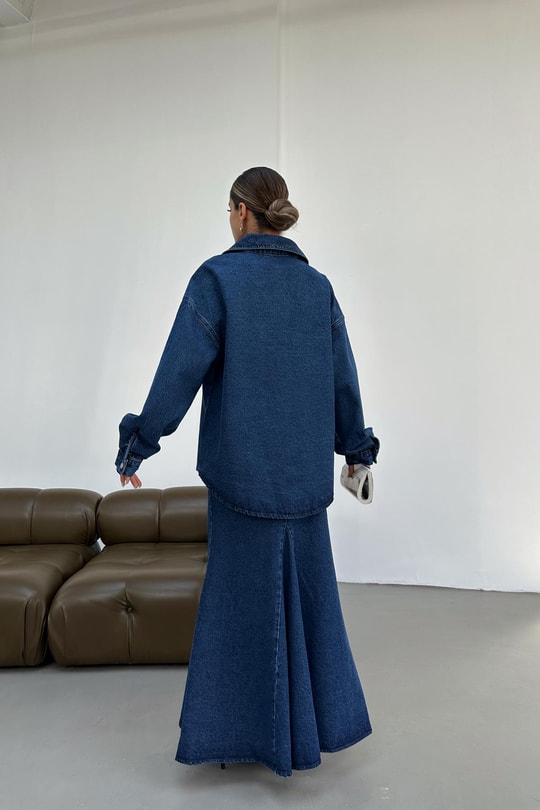 İp Kemerli Oversize Jean Gömlek Mavi