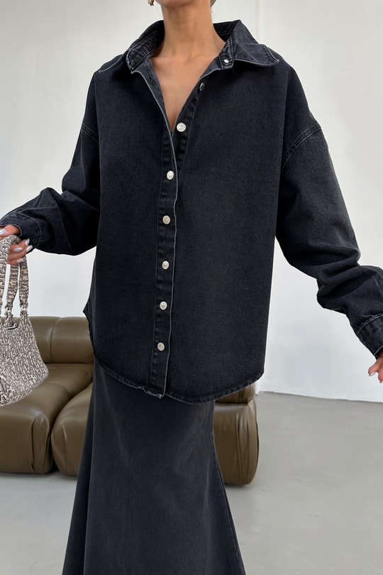 İp Kemerli Oversize Jean Gömlek Füme