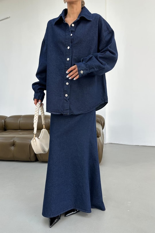 İp Kemerli Oversize Jean Gömlek Lacivert
