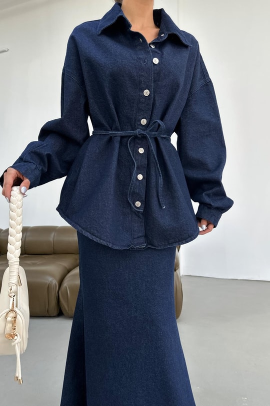 İp Kemerli Oversize Jean Gömlek Lacivert