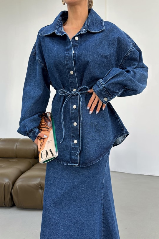 İp Kemerli Oversize Jean Gömlek Mavi