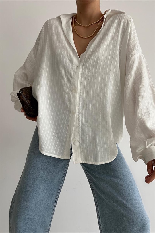 İşlemeli Oversize Gömlek Beyaz