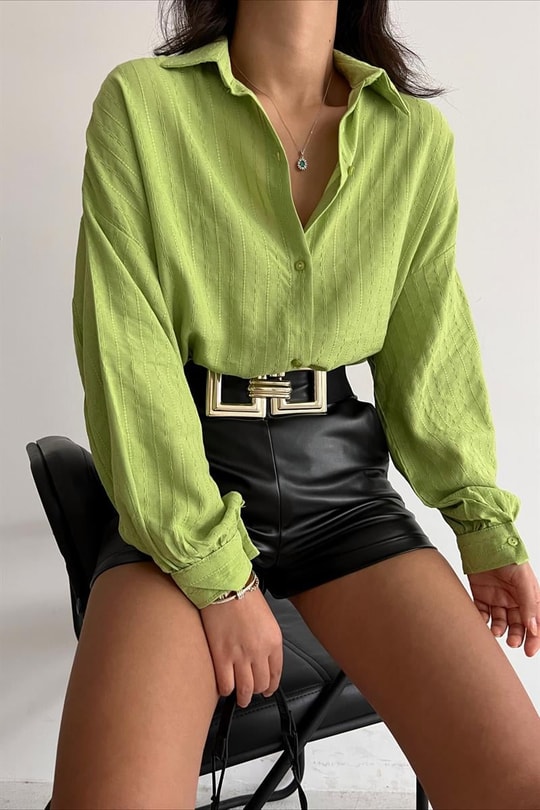 İşlemeli Oversize Gömlek Fıstık Yeşili