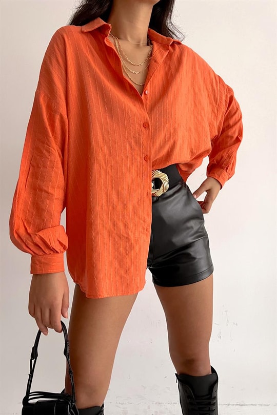 İşlemeli Oversize Gömlek Oranj