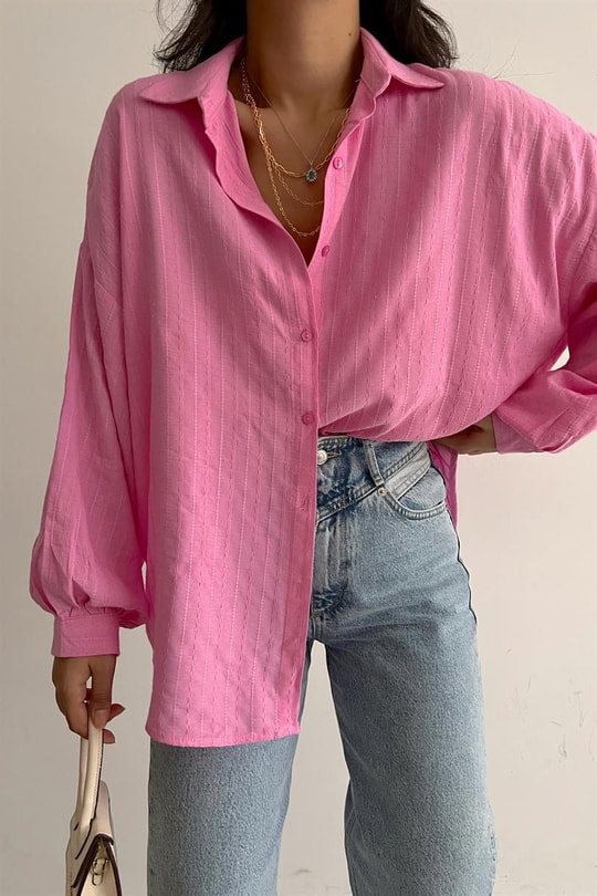 İşlemeli Oversize Gömlek Pembe