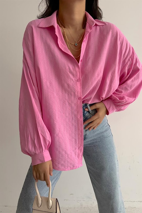 İşlemeli Oversize Gömlek Pembe