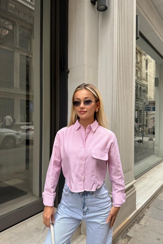 Kapama Cep Çizgili Crop Gömlek Pembe