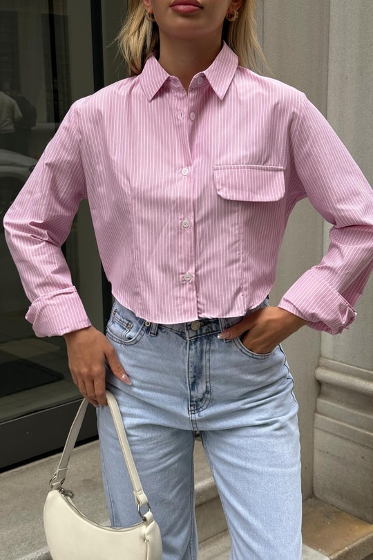 Kapama Cep Çizgili Crop Gömlek Pembe