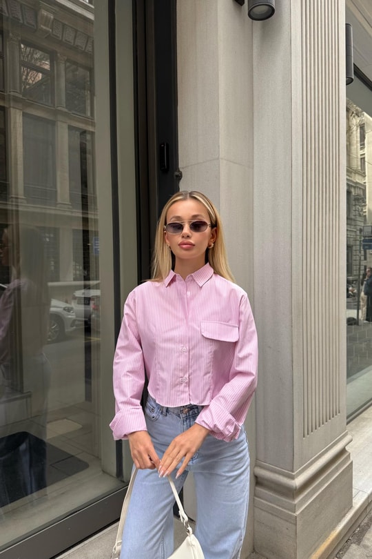 Kapama Cep Çizgili Crop Gömlek Pembe