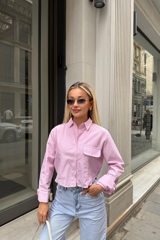 Kapama Cep Çizgili Crop Gömlek Pembe