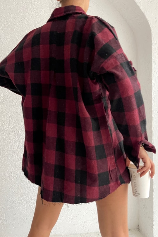Kare Desen Saçaklı Gömlek Bordo