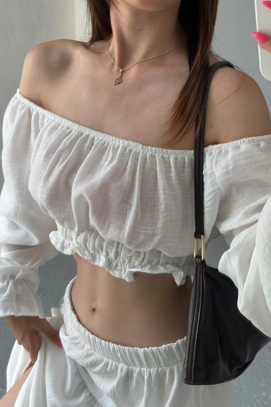 Keten Büzgülü Crop Bluz Beyaz