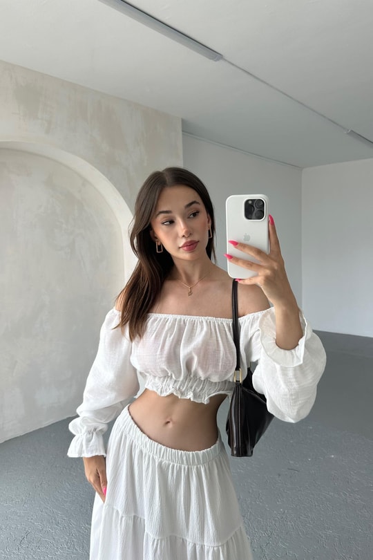 Keten Büzgülü Crop Bluz Beyaz