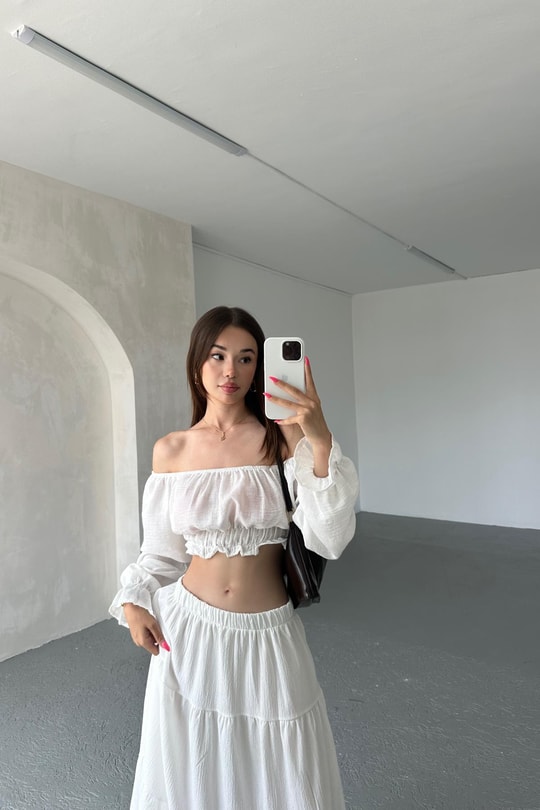 Keten Büzgülü Crop Bluz Beyaz