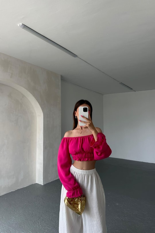Keten Büzgülü Crop Bluz Fuşya