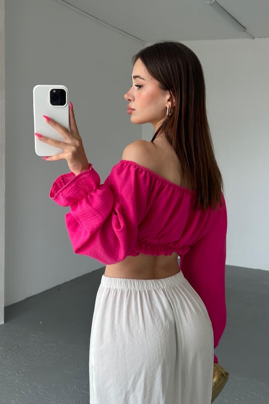 Keten Büzgülü Crop Bluz Fuşya