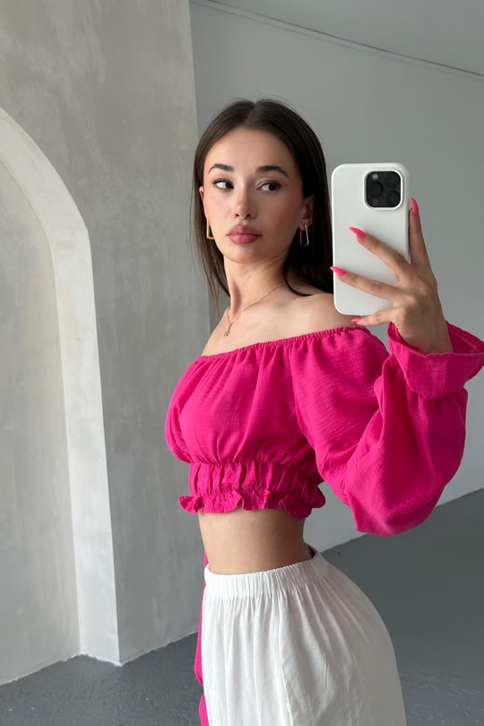 Keten Büzgülü Crop Bluz Fuşya