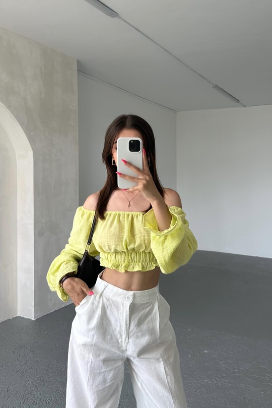 Keten Büzgülü Crop Bluz Sarı