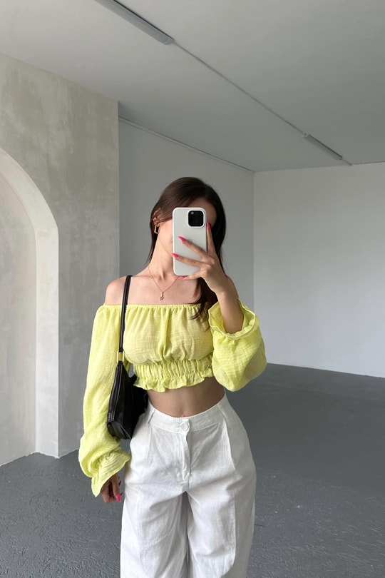 Keten Büzgülü Crop Bluz Sarı