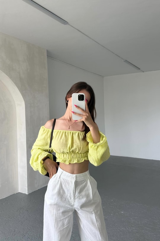 Keten Büzgülü Crop Bluz Sarı
