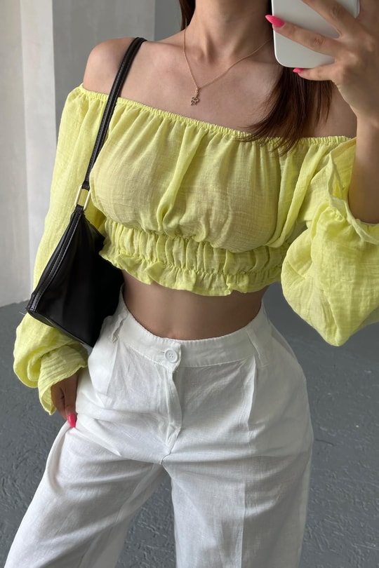 Keten Büzgülü Crop Bluz Sarı