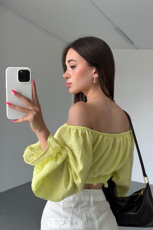 Keten Büzgülü Crop Bluz Sarı