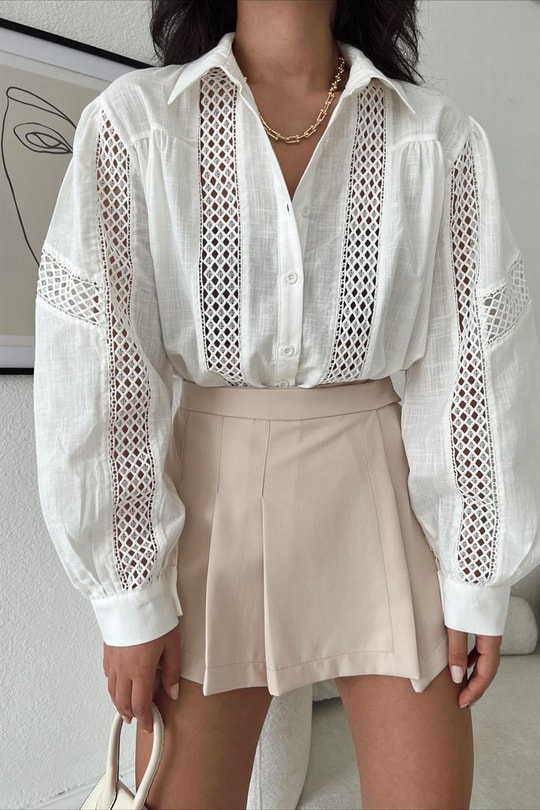 Keten Örgü Model Gömlek Krem