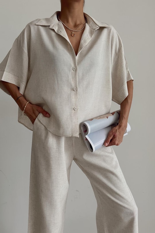 Keten Oversize Gömlek Taş