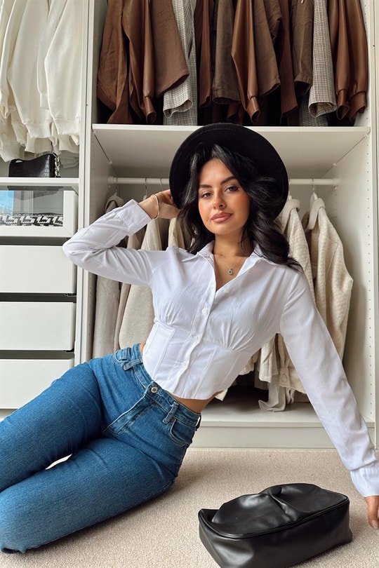 Korsaj Oval Crop Gömlek Beyaz
