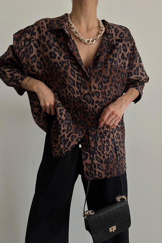 Koyu Leopar Gömlek Kahve