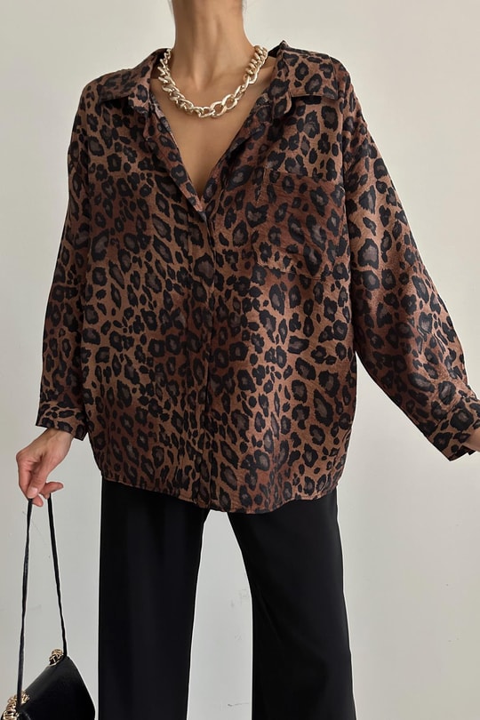 Koyu Leopar Gömlek Kahve