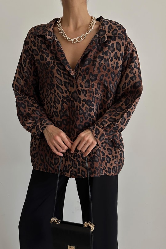 Koyu Leopar Gömlek Kahve