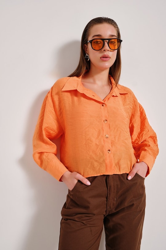 Krinkıl Oversize Kısa Gömlek Turuncu