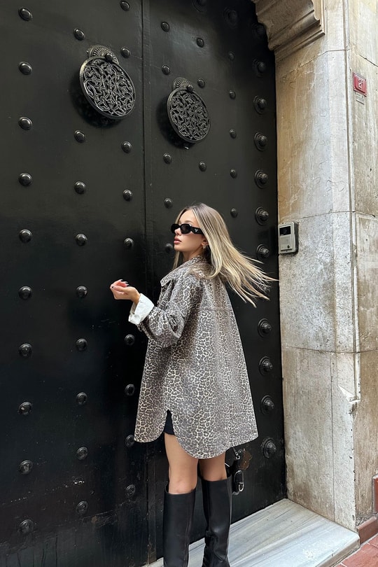Leopar Desen Oversize Gömlek Kahve