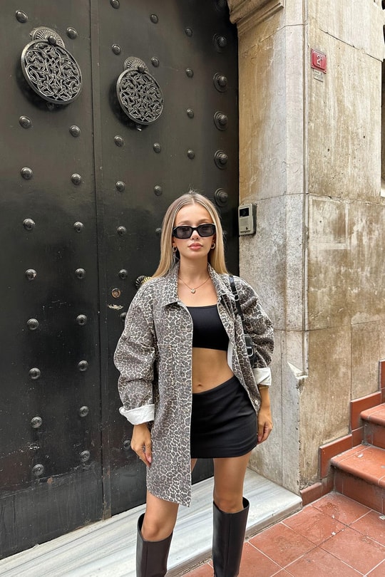 Leopar Desen Oversize Gömlek Kahve