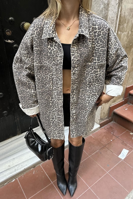 Leopar Desen Oversize Gömlek Kahve