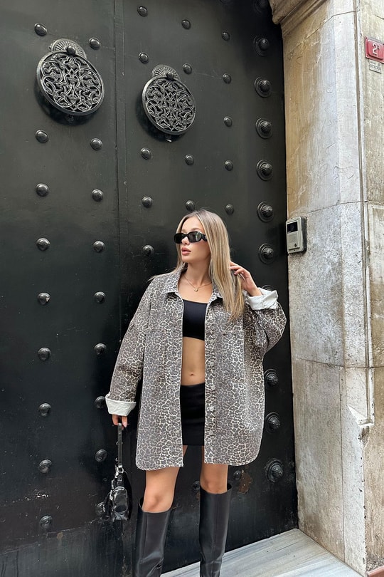 Leopar Desen Oversize Gömlek Kahve