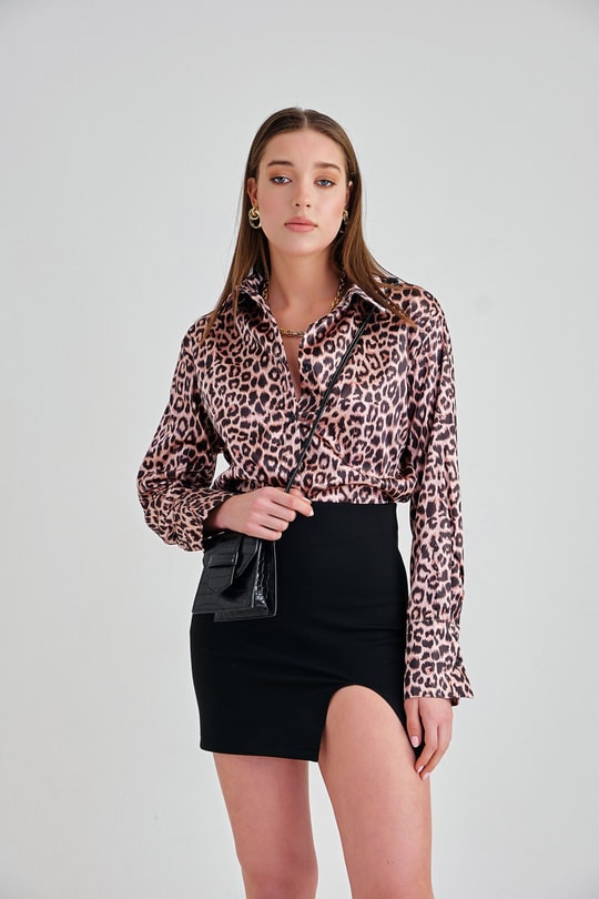 Leopar Desenli Saten Gömlek Kahverengi