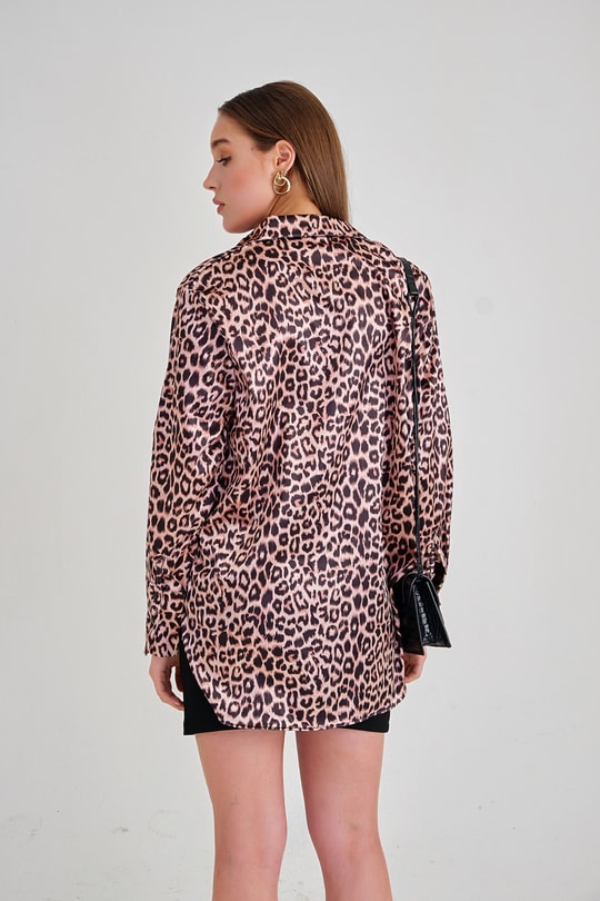 Leopar Desenli Saten Gömlek Kahverengi