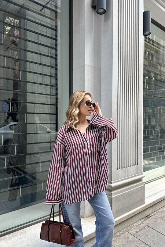 Linen Oversized Gömlek Bordo