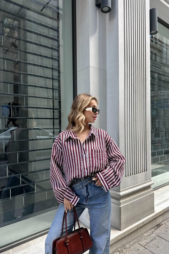 Linen Oversized Gömlek Bordo