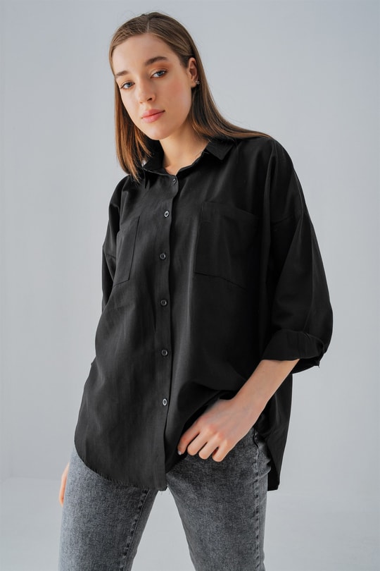 Multi Cepli Poplin Gömlek Siyah