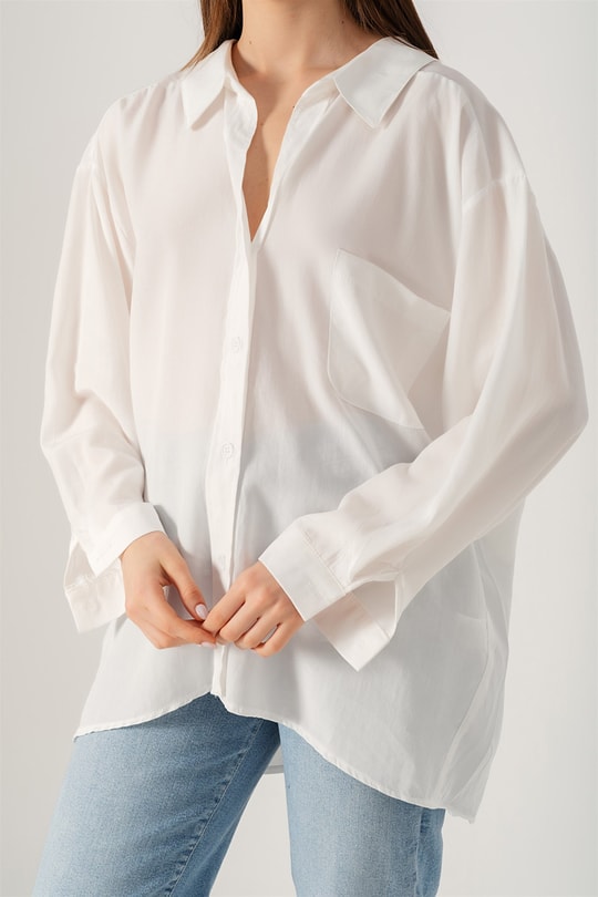 Omzu Düşük Oversize Gömlek Beyaz